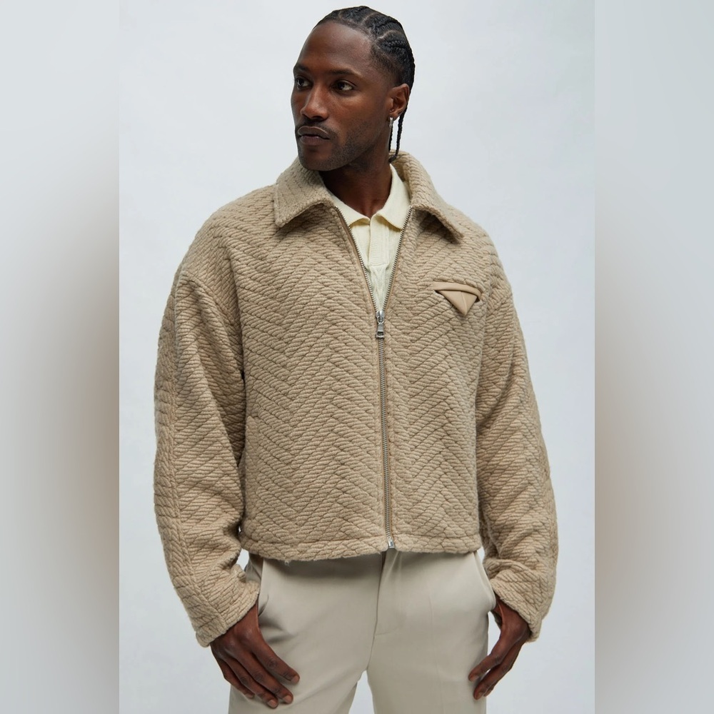 Textured Fashion Nova Zip-Up Sweater - Brown